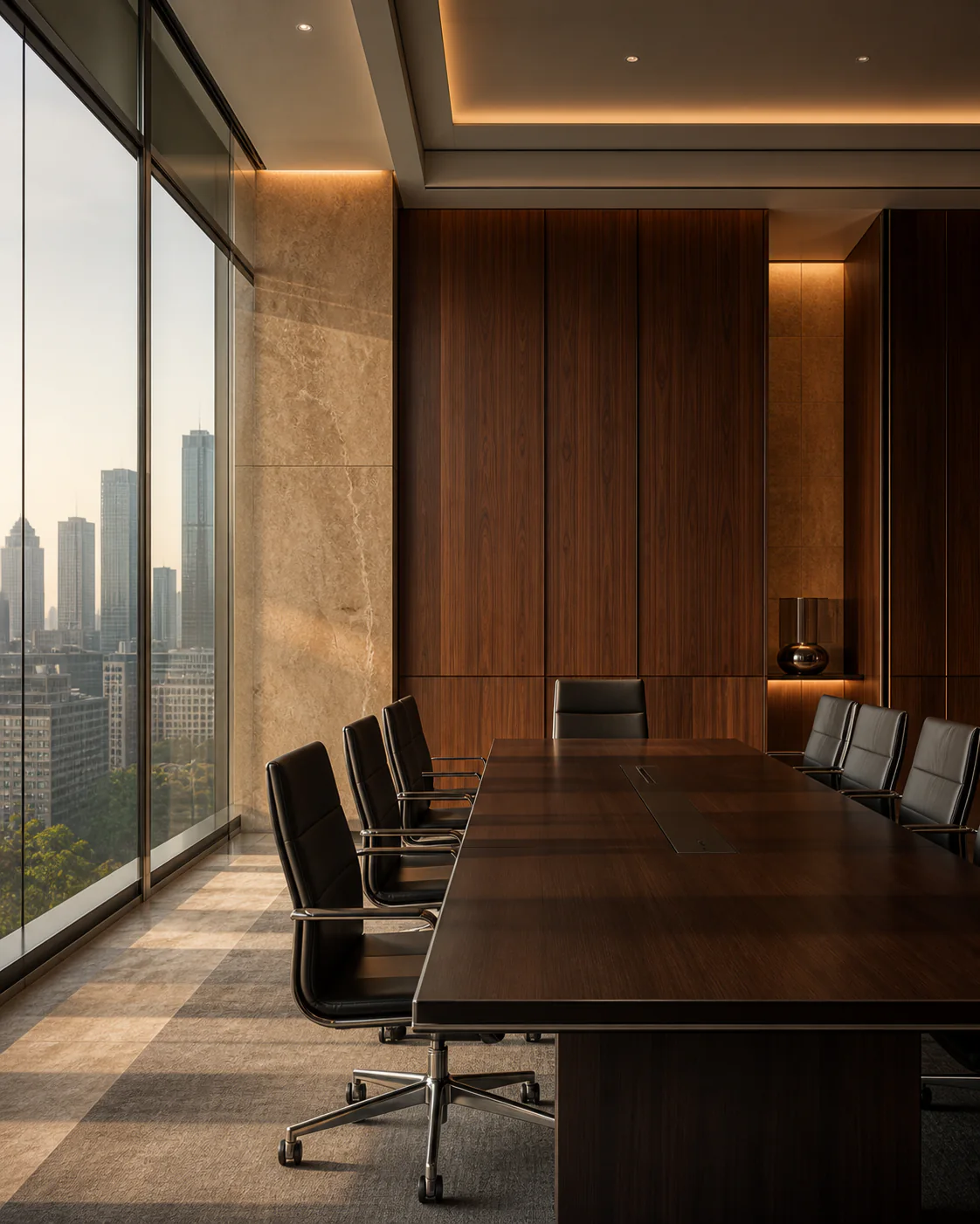 A refined corporate boardroom overlooking Jakarta's business district